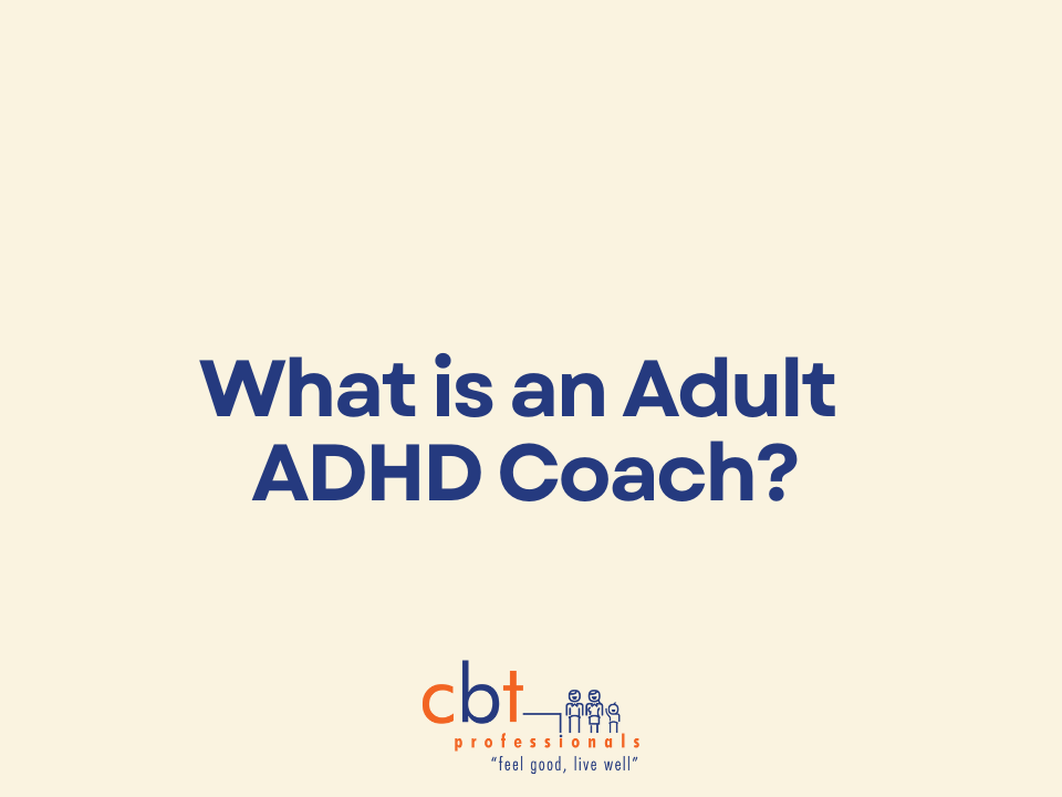 Graphic with the text “What is an Adult ADHD Coach” and CBT Professionals logo, representing a blog on how CBT Professionals coaching and providing support for real-life challenges.