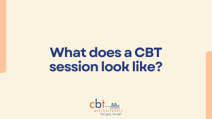 Graphic displaying the question ‘What does a CBT session look like?’ with CBT Professionals branding
