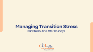 Blog title text on a cream background with blue lettering about post-holiday stress and returning to routine