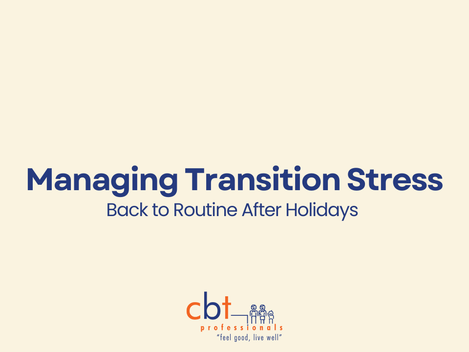 Blog title text on a cream background with blue lettering about post-holiday stress and returning to routine