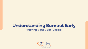 A cream background, with blue writing with words describing a blog that focuses on Understanding Burnout Early and how to manage chronic stress.