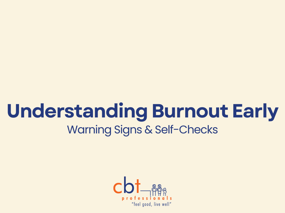 A cream background, with blue writing with words describing a blog that focuses on Understanding Burnout Early and how to manage chronic stress.