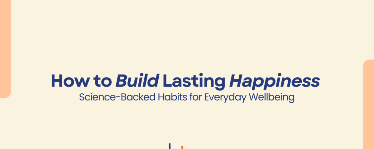 A cream background with blue text, illustrating a blog that covers how to build lasting happiness.