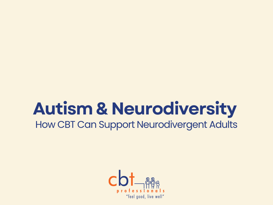 Graphic titled “Autism & Neurodiversity: How CBT Can Support Neurodivergent Adults” with CBT Professionals logo on a neutral background.