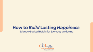 A cream background with blue text, illustrating a blog that covers how to build lasting happiness.