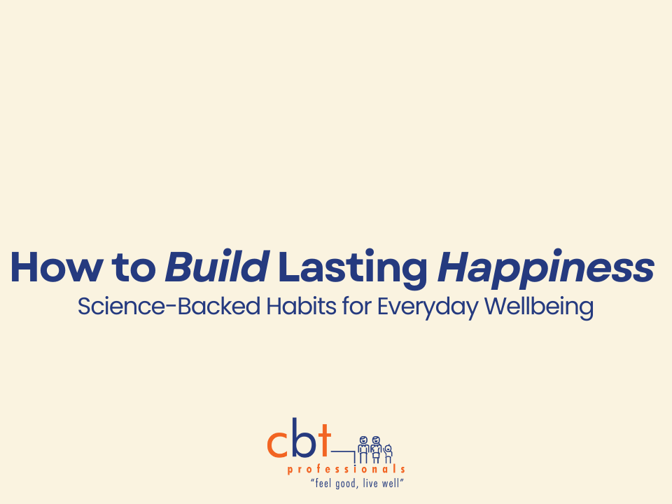 A cream background with blue text, illustrating a blog that covers how to build lasting happiness.