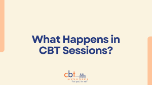 What Happens in CBT Sessions? Title graphic by CBT Professionals with clinic logo on a soft cream background.