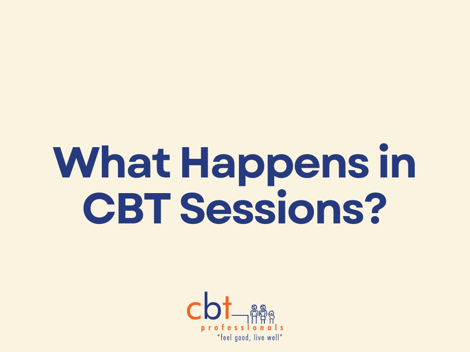 What Happens in CBT Sessions? Title graphic by CBT Professionals with clinic logo on a soft cream background.